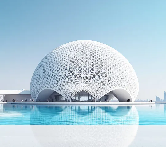 Louvre Abu Dhabi dome reflected in calm water on a sunny day, the last stop of a day trip from Dubai