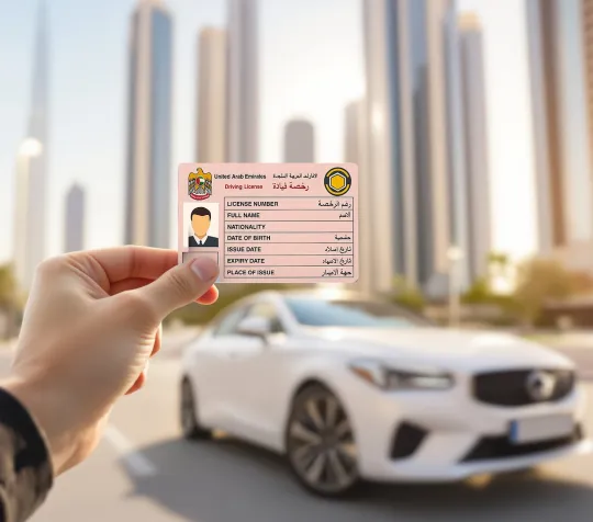 Hand holding a UAE driving license in front of a white car and blurred skyscrapers in a sunny cityscape.
